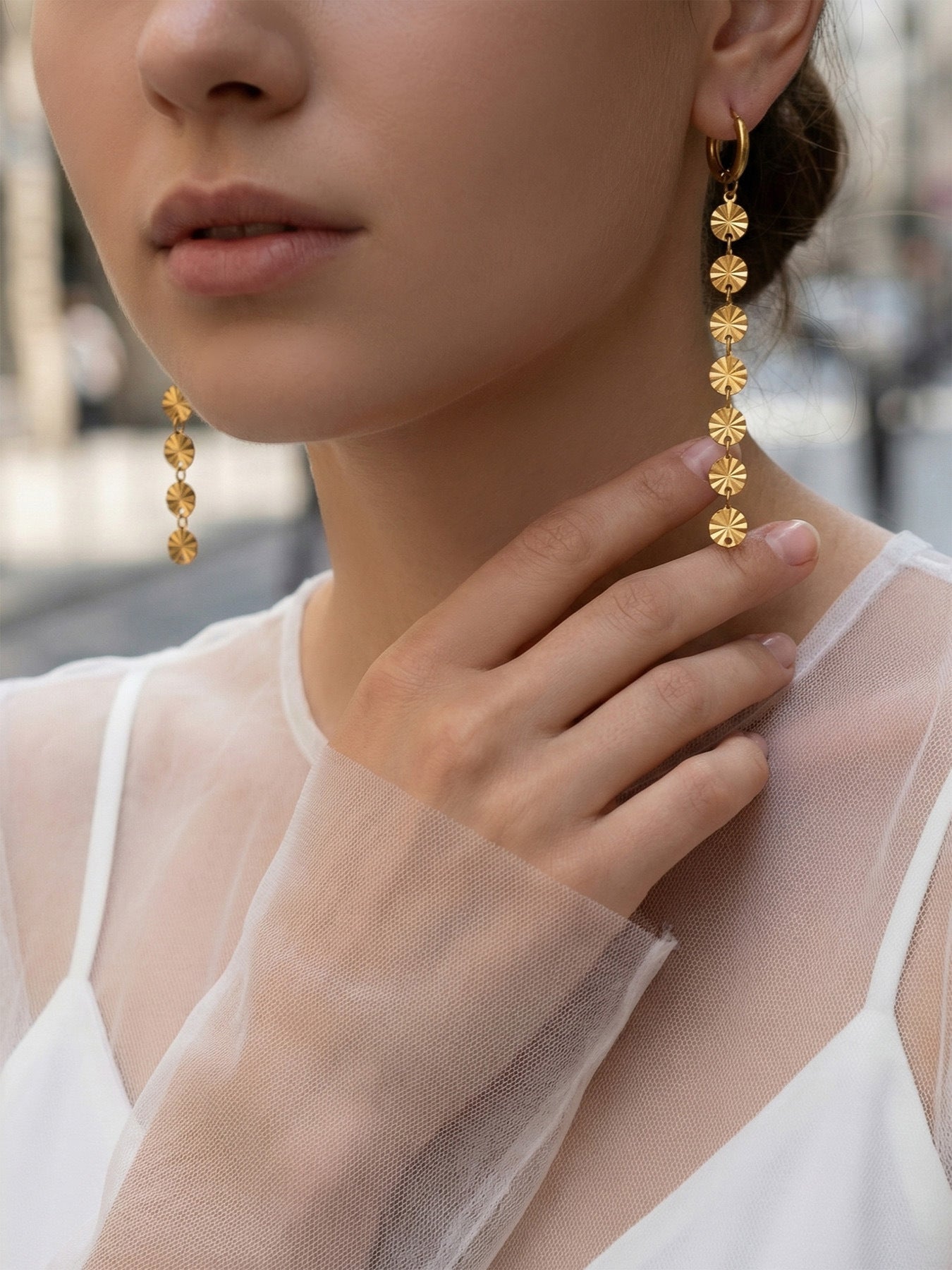316L Stainless Steel 18K Gold PVD Round Disc Tassel Dangle Hoop Earrings - Round Disc Tassel Dangle Hoop 18K Gold PVD Trendy Wholesale Stainless Steel Jewelry - Sensitive Skin Friendly - Detail 6