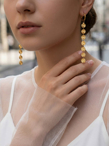 316L Stainless Steel 18K Gold PVD Round Disc Tassel Dangle Hoop Earrings - Round Disc Tassel Dangle Hoop 18K Gold PVD Trendy Wholesale Stainless Steel Jewelry - Sensitive Skin Friendly - Detail 6