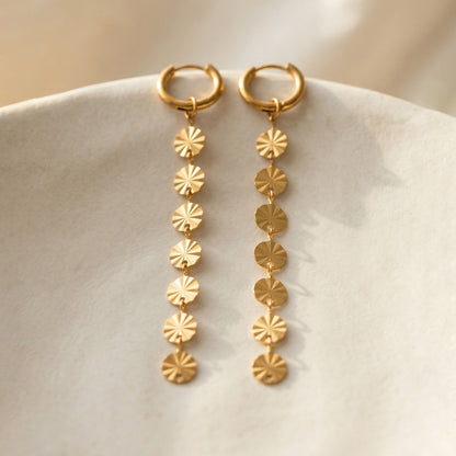 316L Stainless Steel 18K Gold PVD Round Disc Tassel Dangle Hoop Earrings - Round Disc Tassel Dangle Hoop 18K Gold PVD Trendy Wholesale Stainless Steel Jewelry - Sensitive Skin Friendly - Detail 7
