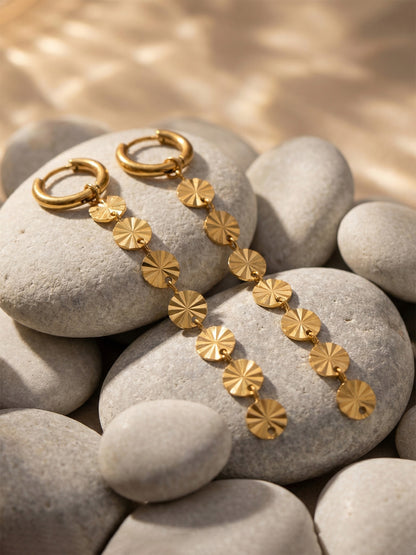 316L Stainless Steel 18K Gold PVD Round Disc Tassel Dangle Hoop Earrings - Round Disc Tassel Dangle Hoop 18K Gold PVD Trendy Wholesale Stainless Steel Jewelry - Sensitive Skin Friendly - Detail 8