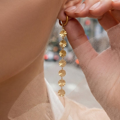 316L Stainless Steel 18K Gold PVD Round Disc Tassel Dangle Hoop Earrings - Round Disc Tassel Dangle Hoop 18K Gold PVD Trendy Wholesale Stainless Steel Jewelry - Sensitive Skin Friendly - Detail 9