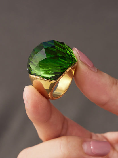 316L Stainless Steel 18K Gold PVD Round Faceted Glass Stone Ring - Round Faceted Glass Stone, Elegant, Versatile, Minimalist Wholesale Stainless Steel Jewelry - Sensitive Skin Friendly - Detail 1