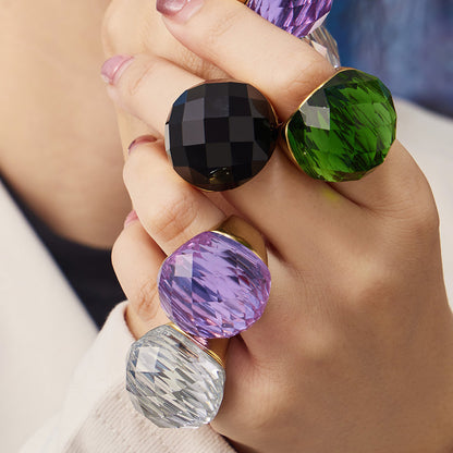 316L Stainless Steel 18K Gold PVD Round Faceted Glass Stone Ring - Round Faceted Glass Stone, Elegant, Versatile, Minimalist Wholesale Stainless Steel Jewelry - Sensitive Skin Friendly - Detail 10
