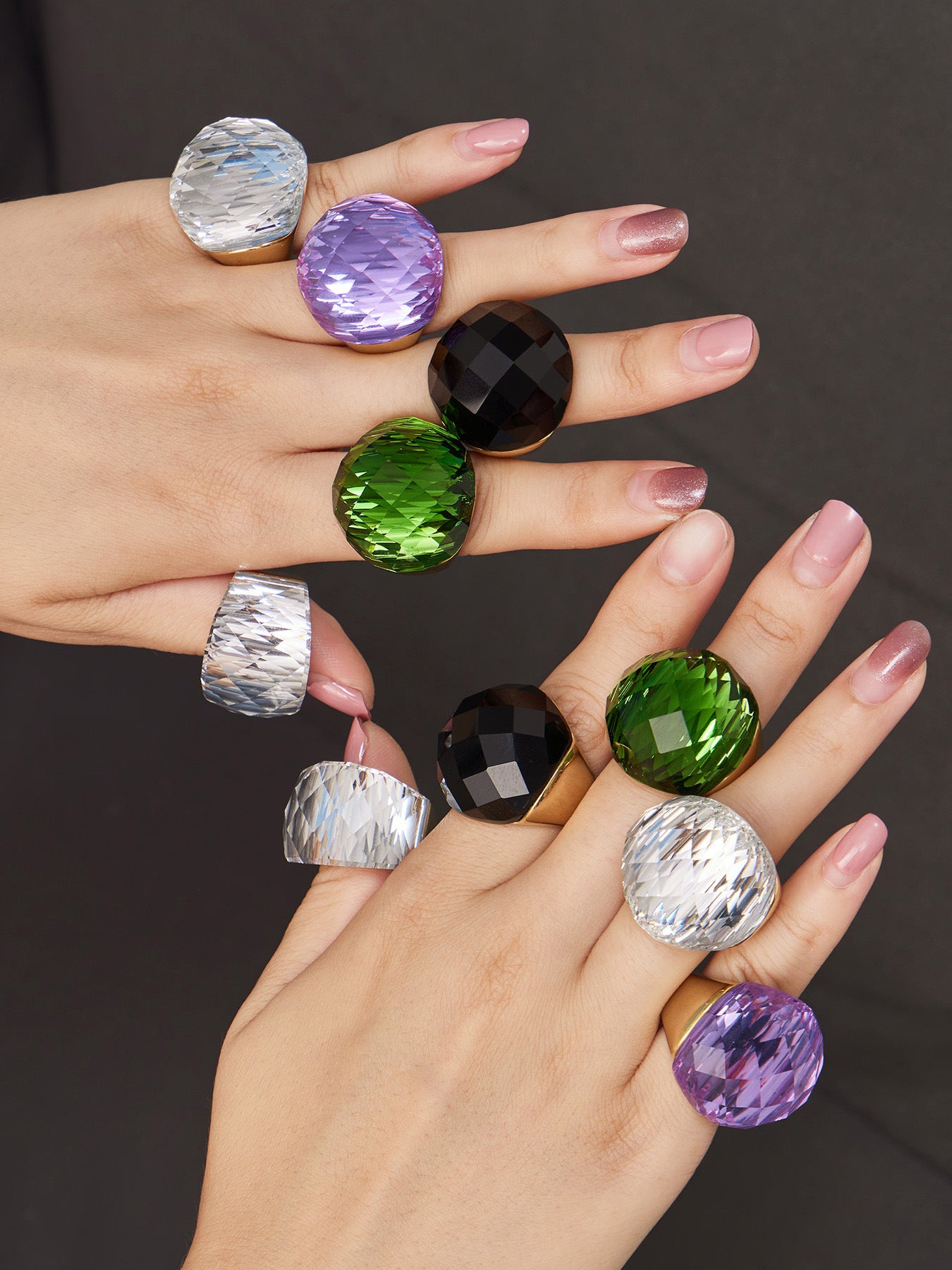316L Stainless Steel 18K Gold PVD Round Faceted Glass Stone Ring - Round Faceted Glass Stone, Elegant, Versatile, Minimalist Wholesale Stainless Steel Jewelry - Sensitive Skin Friendly - Detail 11