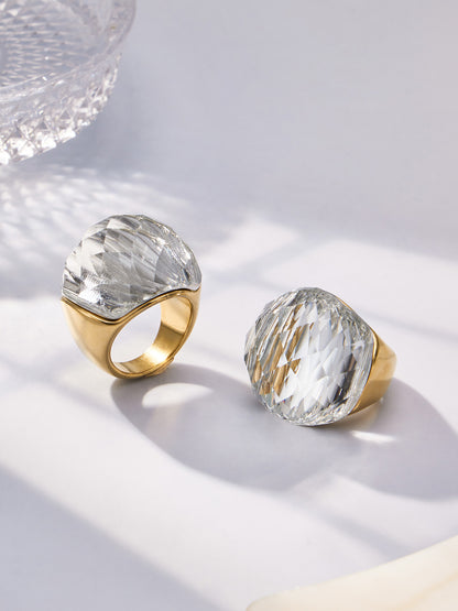 316L Stainless Steel 18K Gold PVD Round Faceted Glass Stone Ring - Round Faceted Glass Stone, Elegant, Versatile, Minimalist Wholesale Stainless Steel Jewelry - Sensitive Skin Friendly - Detail 13