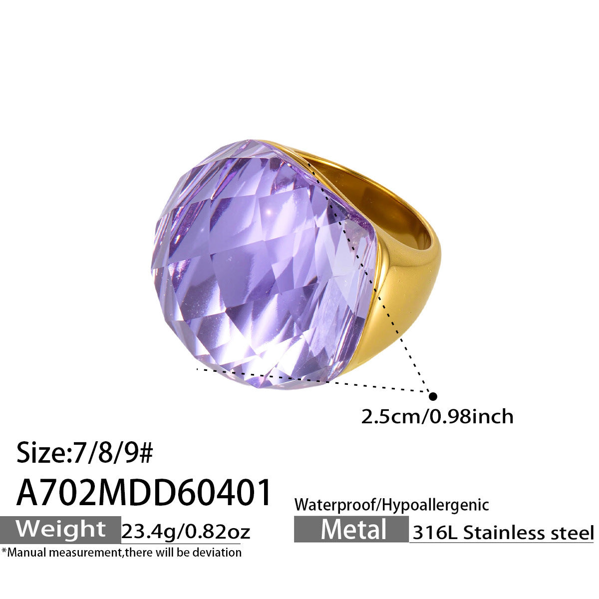 316L Stainless Steel 18K Gold PVD Round Faceted Glass Stone Ring - Round Faceted Glass Stone, Elegant, Versatile, Minimalist Wholesale Stainless Steel Jewelry - Sensitive Skin Friendly - Detail 14