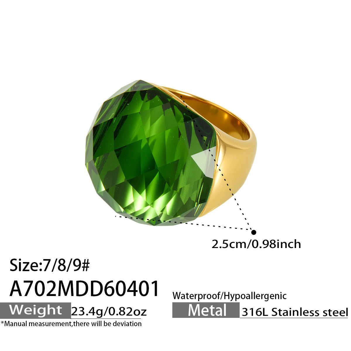 316L Stainless Steel 18K Gold PVD Round Faceted Glass Stone Ring - Round Faceted Glass Stone, Elegant, Versatile, Minimalist Wholesale Stainless Steel Jewelry - Sensitive Skin Friendly - Detail 16