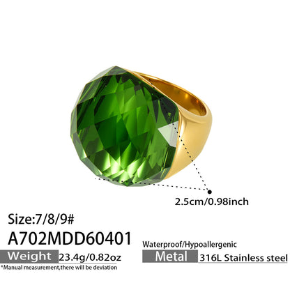 316L Stainless Steel 18K Gold PVD Round Faceted Glass Stone Ring - Round Faceted Glass Stone, Elegant, Versatile, Minimalist Wholesale Stainless Steel Jewelry - Sensitive Skin Friendly - Detail 16