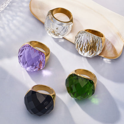 316L Stainless Steel 18K Gold PVD Round Faceted Glass Stone Ring - Round Faceted Glass Stone, Elegant, Versatile, Minimalist Wholesale Stainless Steel Jewelry - Sensitive Skin Friendly - Detail 17