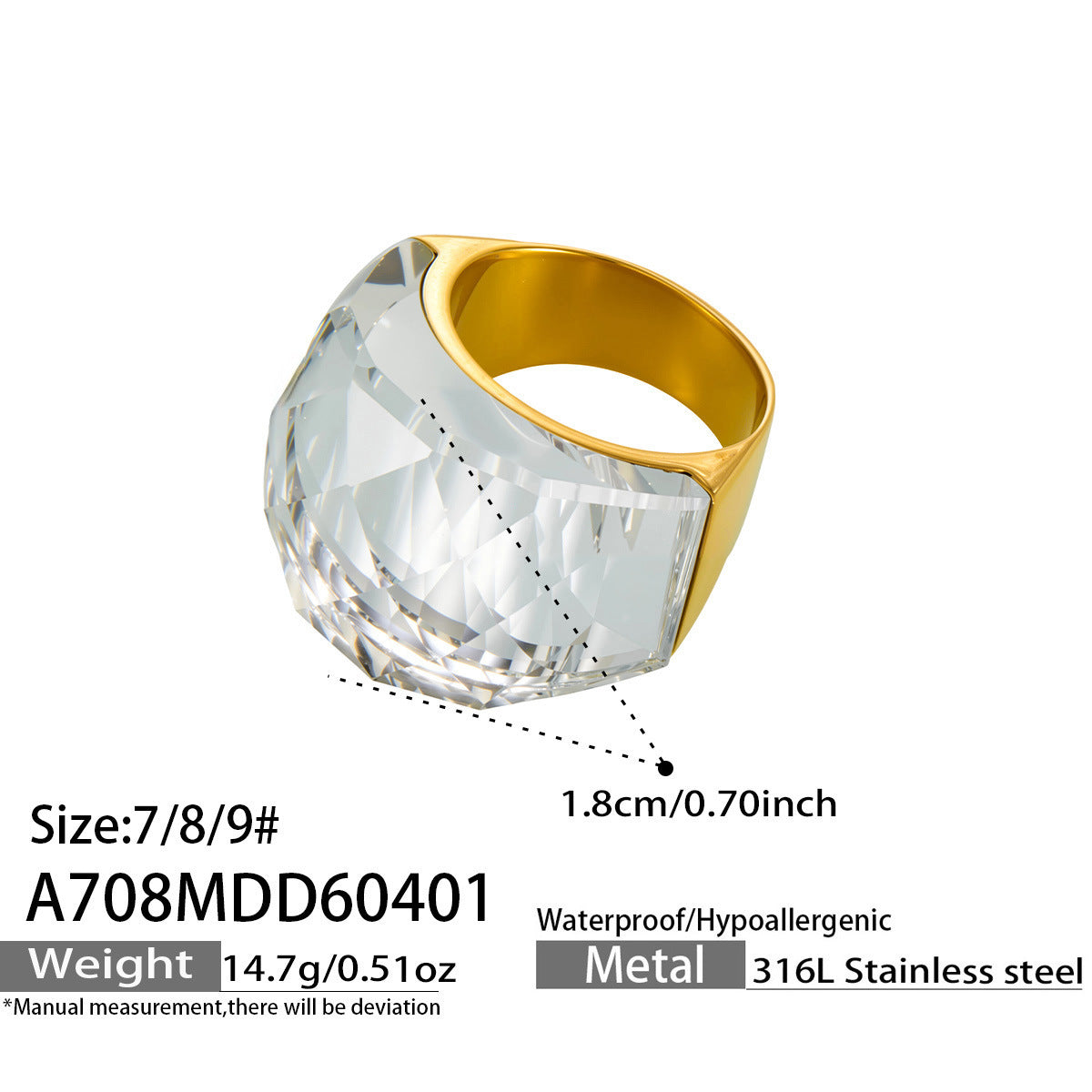 316L Stainless Steel 18K Gold PVD Round Faceted Glass Stone Ring - Round Faceted Glass Stone, Elegant, Versatile, Minimalist Wholesale Stainless Steel Jewelry - Sensitive Skin Friendly - Detail 18