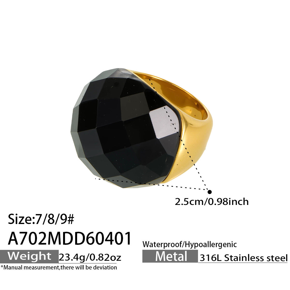 316L Stainless Steel 18K Gold PVD Round Faceted Glass Stone Ring - Round Faceted Glass Stone, Elegant, Versatile, Minimalist Wholesale Stainless Steel Jewelry - Sensitive Skin Friendly - Detail 19