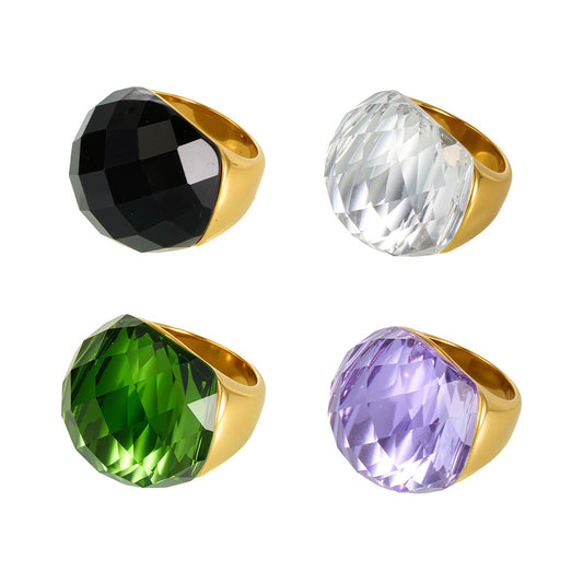 316L Stainless Steel 18K Gold PVD Round Faceted Glass Stone Ring - Round Faceted Glass Stone, Elegant, Versatile, Minimalist Wholesale Stainless Steel Jewelry - Sensitive Skin Friendly - Detail 2