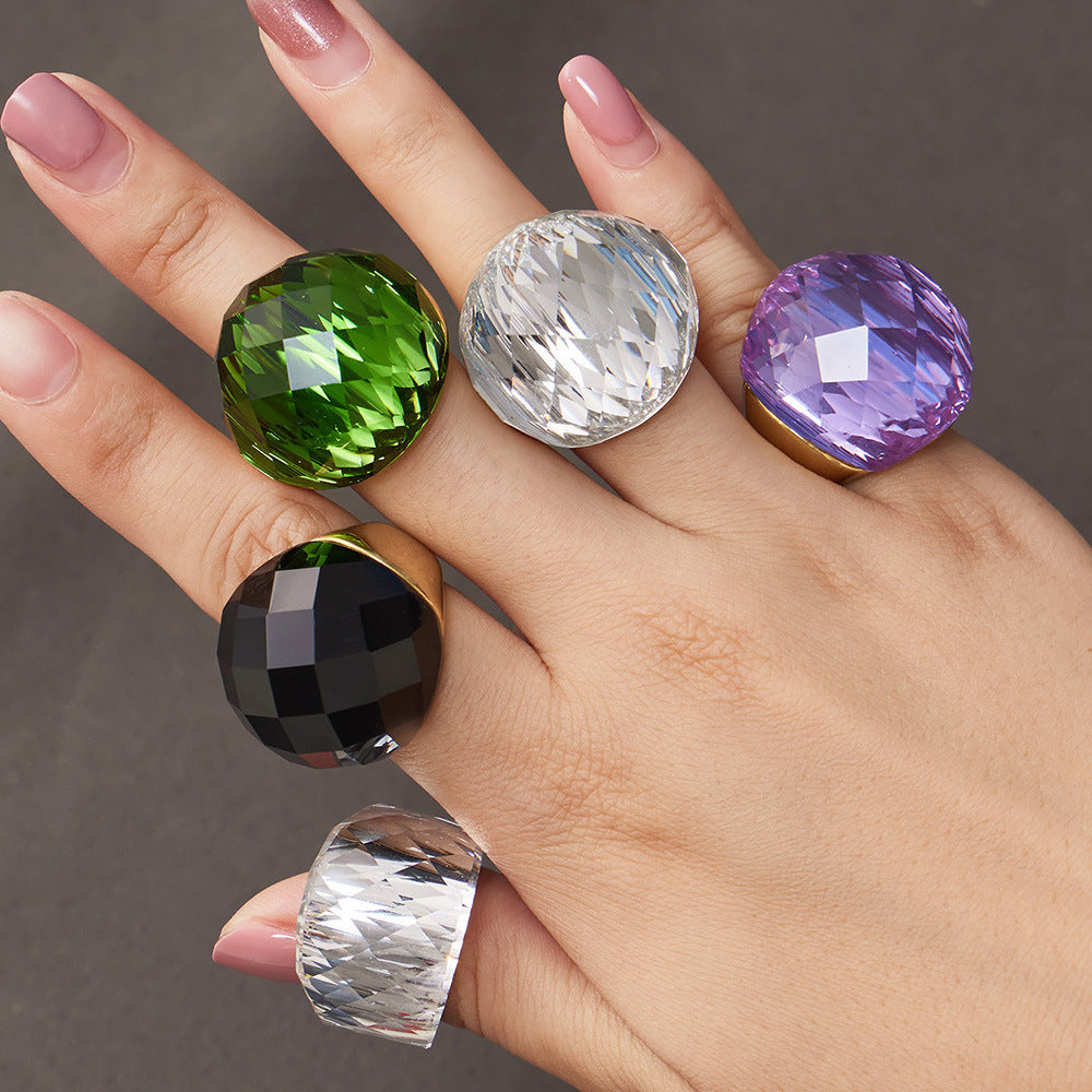 316L Stainless Steel 18K Gold PVD Round Faceted Glass Stone Ring - Round Faceted Glass Stone, Elegant, Versatile, Minimalist Wholesale Stainless Steel Jewelry - Sensitive Skin Friendly - Detail 20