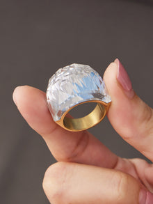 316L Stainless Steel 18K Gold PVD Round Faceted Glass Stone Ring - Round Faceted Glass Stone, Elegant, Versatile, Minimalist Wholesale Stainless Steel Jewelry - Sensitive Skin Friendly - Detail 3