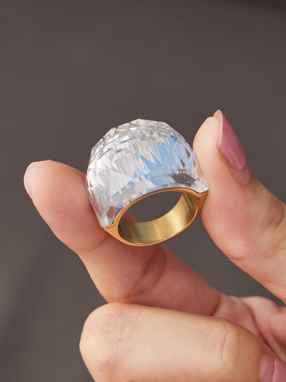 316L Stainless Steel 18K Gold PVD Round Faceted Glass Stone Ring - Round Faceted Glass Stone, Elegant, Versatile, Minimalist Wholesale Stainless Steel Jewelry - Sensitive Skin Friendly - Detail 3