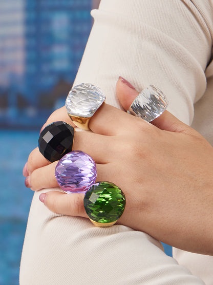 316L Stainless Steel 18K Gold PVD Round Faceted Glass Stone Ring - Round Faceted Glass Stone, Elegant, Versatile, Minimalist Wholesale Stainless Steel Jewelry - Sensitive Skin Friendly - Detail 4