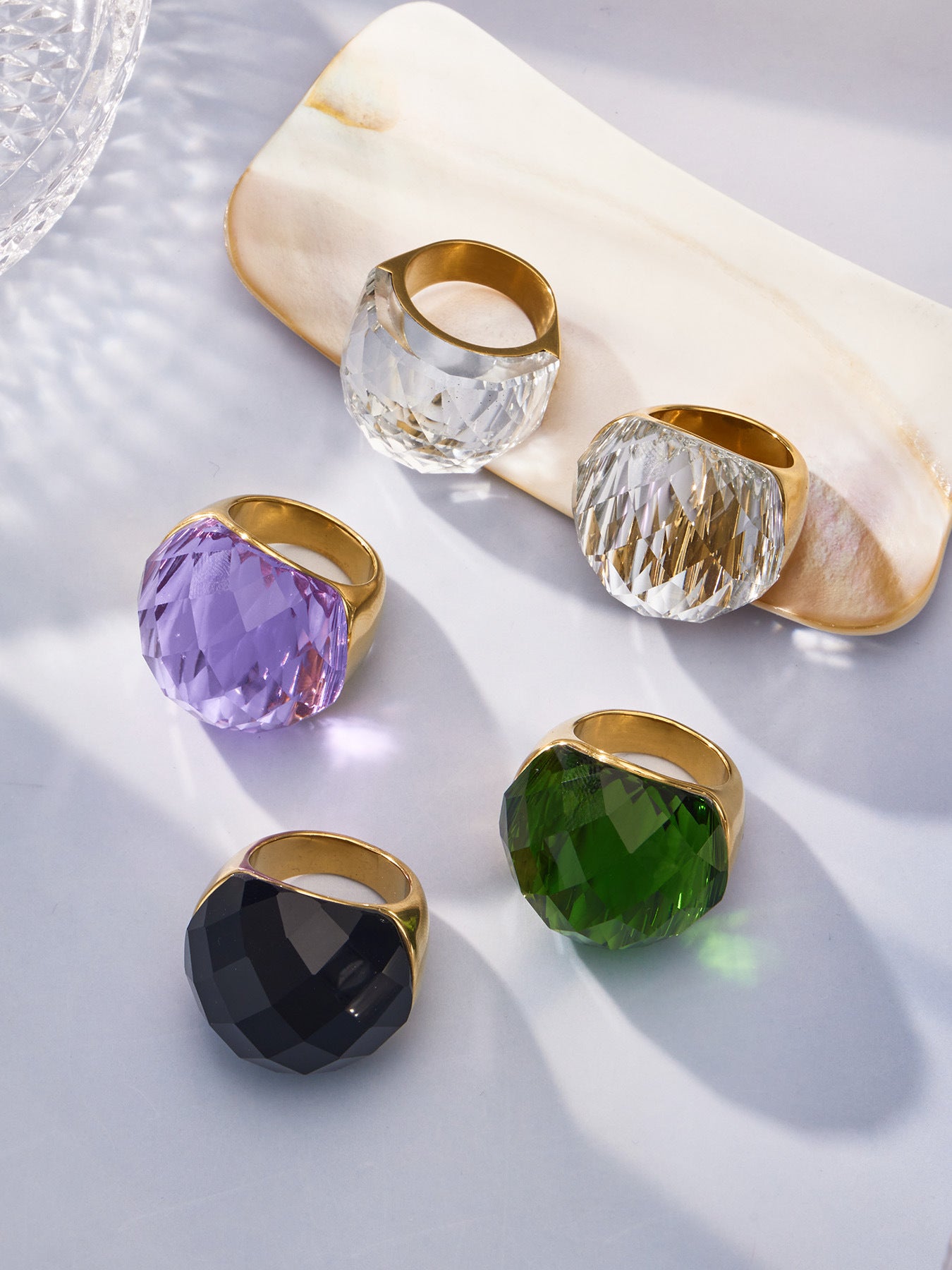 316L Stainless Steel 18K Gold PVD Round Faceted Glass Stone Ring - Round Faceted Glass Stone, Elegant, Versatile, Minimalist Wholesale Stainless Steel Jewelry - Sensitive Skin Friendly - Detail 5