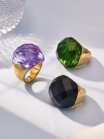 316L Stainless Steel 18K Gold PVD Round Faceted Glass Stone Ring - Round Faceted Glass Stone, Elegant, Versatile, Minimalist Wholesale Stainless Steel Jewelry - Sensitive Skin Friendly - Detail 8