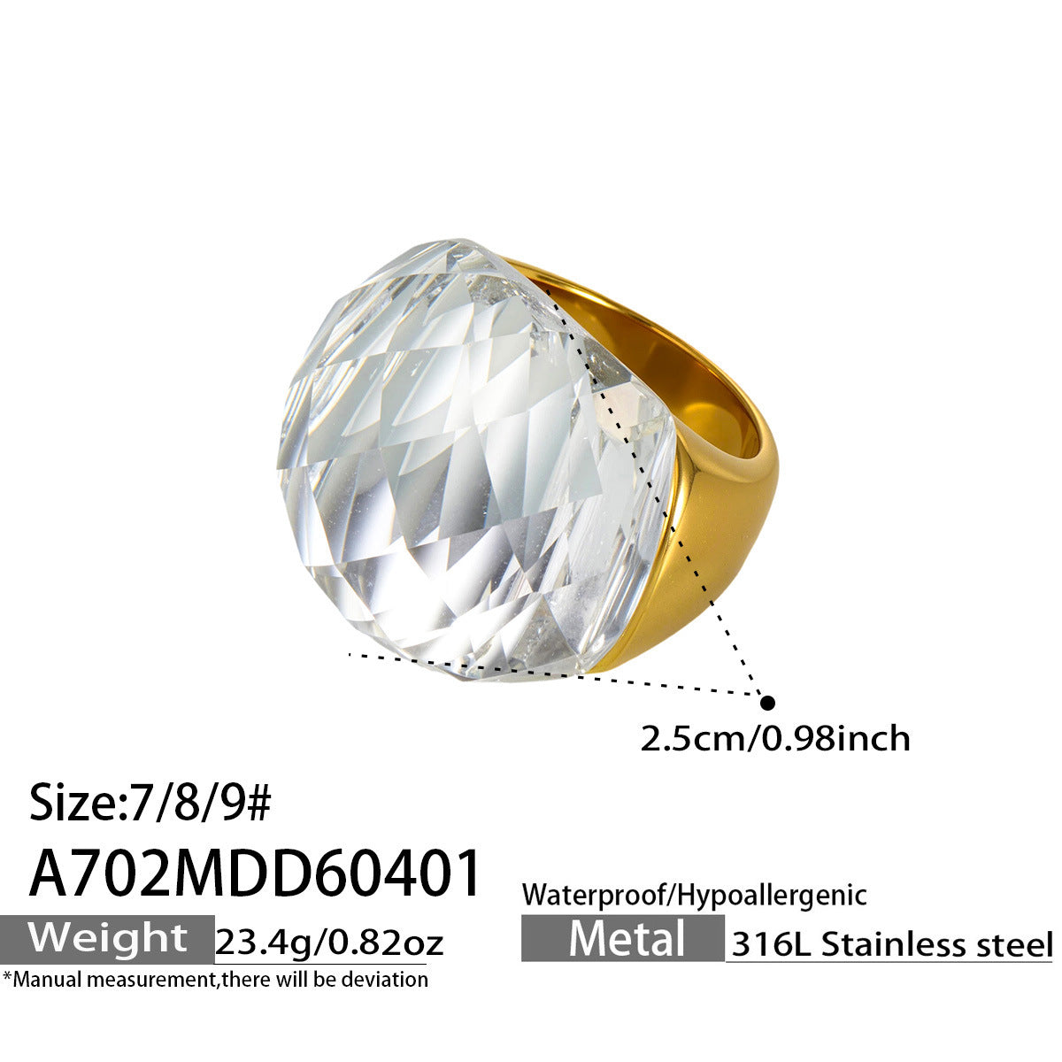 316L Stainless Steel 18K Gold PVD Round Faceted Glass Stone Ring - Round Faceted Glass Stone, Elegant, Versatile, Minimalist Wholesale Stainless Steel Jewelry - Sensitive Skin Friendly - Detail 9