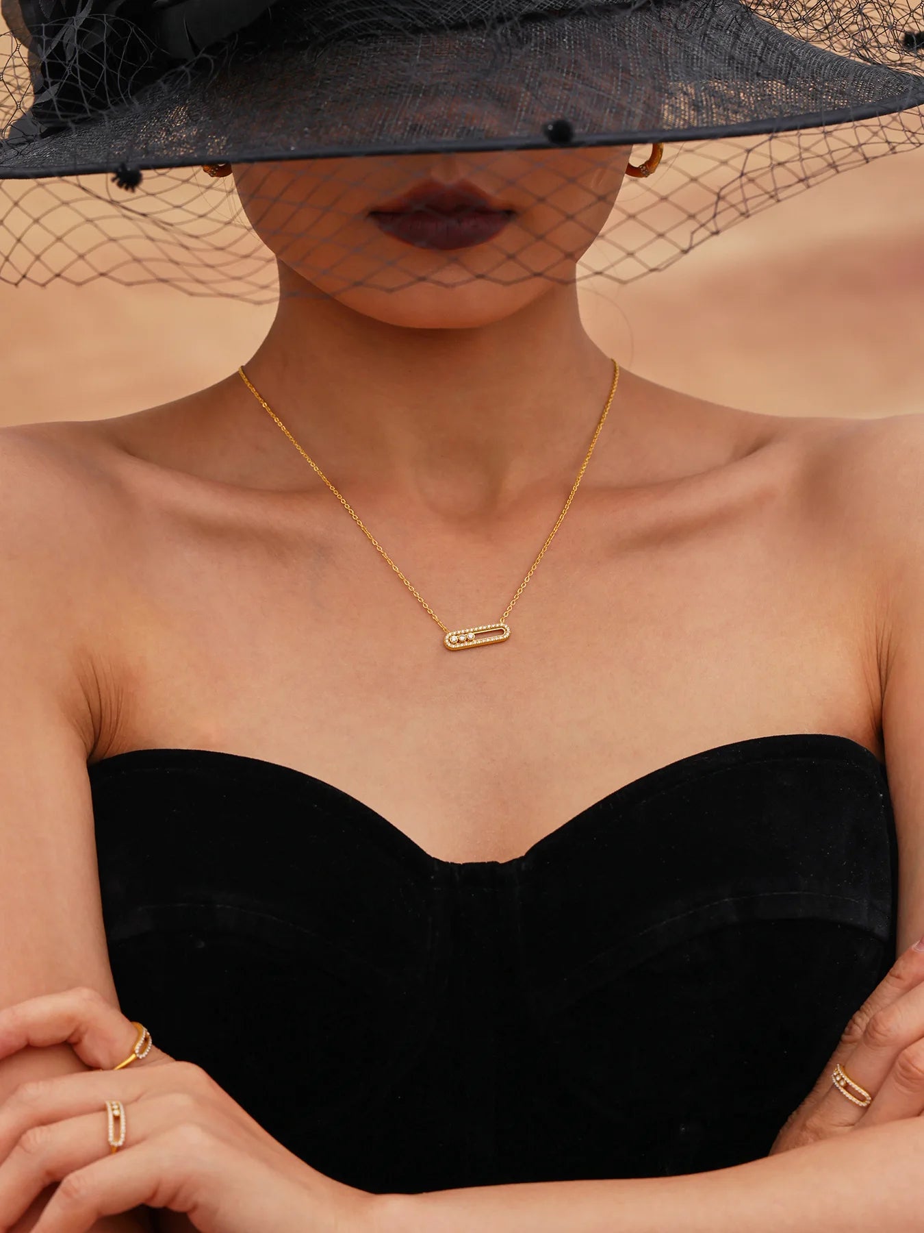 316L Stainless Steel 18K Gold PVD Sliding Zircon Open Ring & Necklace Set - Sliding Zircon, Open Ring, Minimalist, Modern, Light Luxury Wholesale Stainless Steel Jewelry - Sensitive Skin Friendly - Detail 16