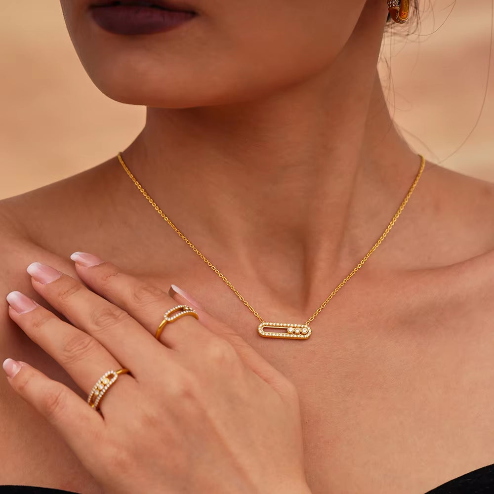 316L Stainless Steel 18K Gold PVD Sliding Zircon Open Ring & Necklace Set - Sliding Zircon, Open Ring, Minimalist, Modern, Light Luxury Wholesale Stainless Steel Jewelry - Sensitive Skin Friendly - Detail 17