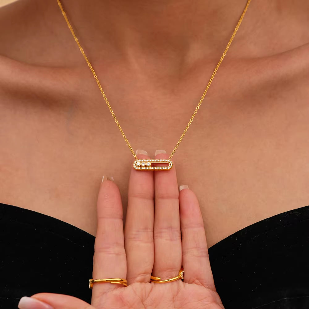 316L Stainless Steel 18K Gold PVD Sliding Zircon Open Ring & Necklace Set - Sliding Zircon, Open Ring, Minimalist, Modern, Light Luxury Wholesale Stainless Steel Jewelry - Sensitive Skin Friendly - Detail 18