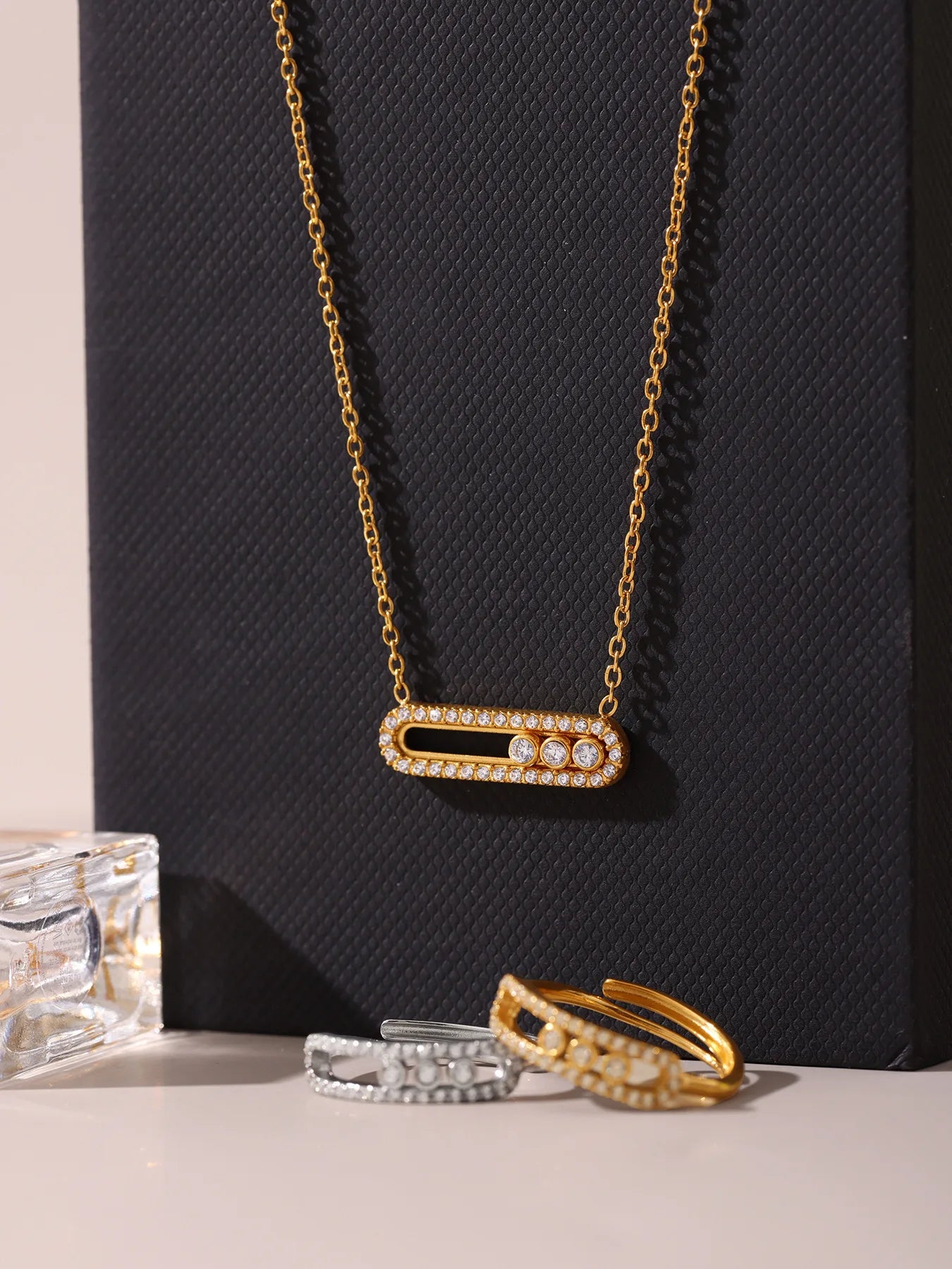 316L Stainless Steel 18K Gold PVD Sliding Zircon Open Ring & Necklace Set - Sliding Zircon, Open Ring, Minimalist, Modern, Light Luxury Wholesale Stainless Steel Jewelry - Sensitive Skin Friendly - Detail 2