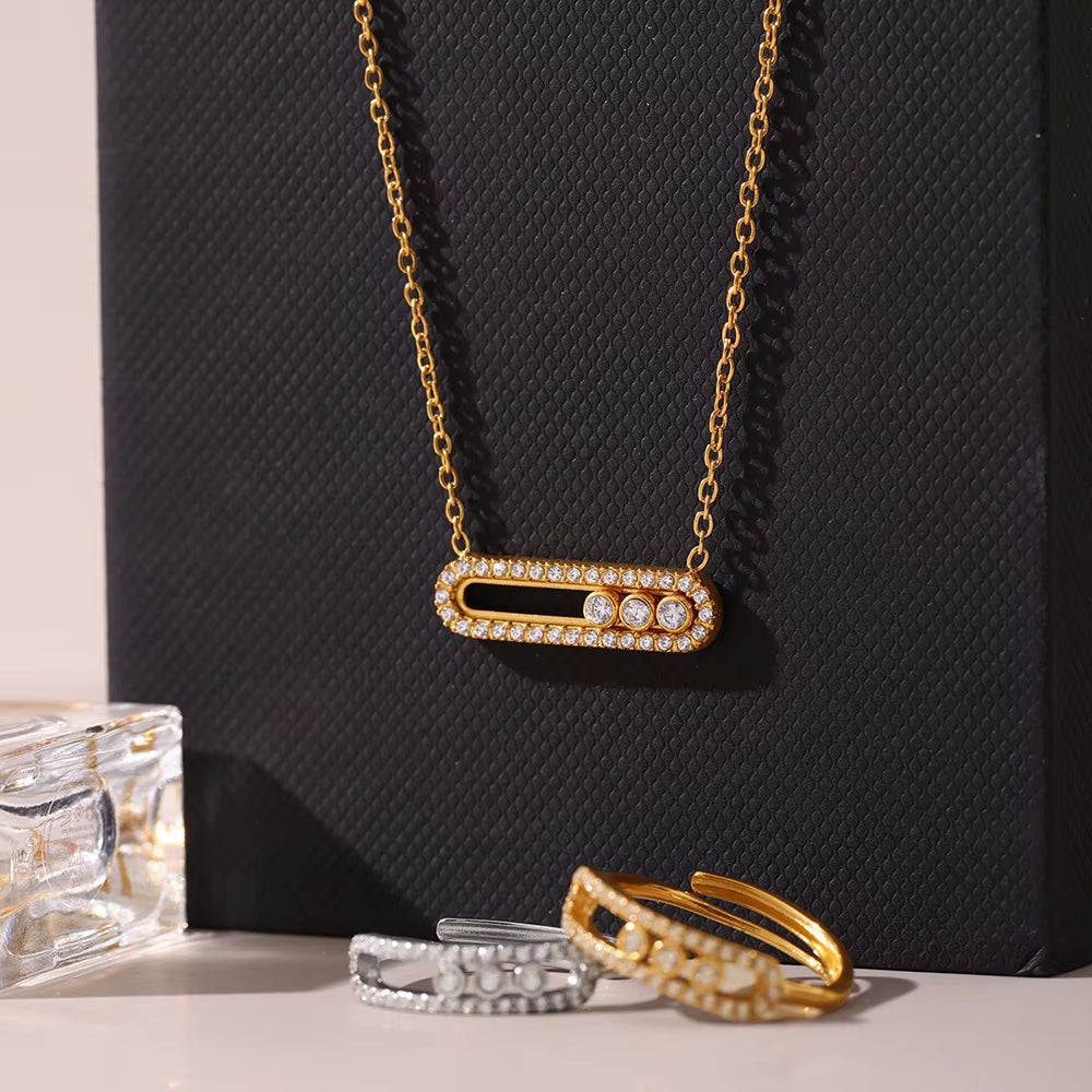 316L Stainless Steel 18K Gold PVD Sliding Zircon Open Ring & Necklace Set - Sliding Zircon, Open Ring, Minimalist, Modern, Light Luxury Wholesale Stainless Steel Jewelry - Sensitive Skin Friendly - Detail 21
