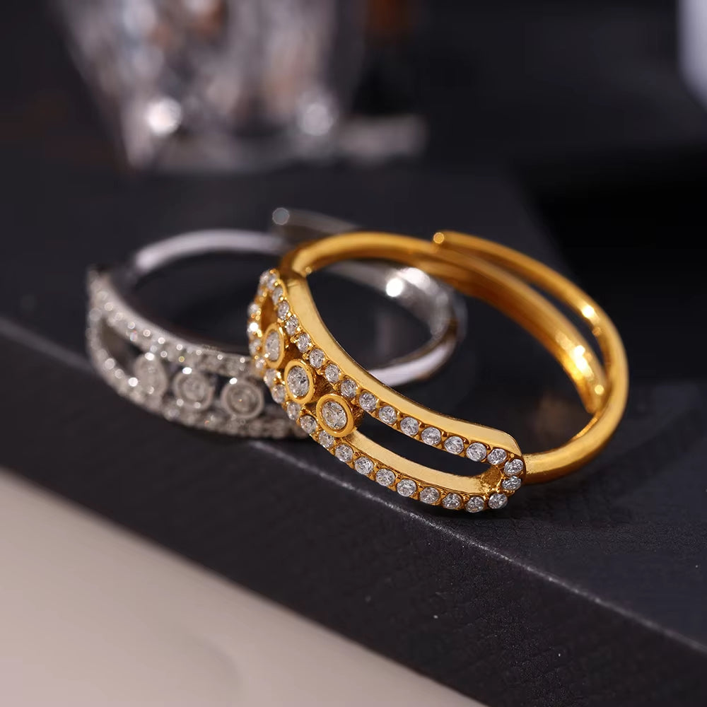316L Stainless Steel 18K Gold PVD Sliding Zircon Open Ring & Necklace Set - Sliding Zircon, Open Ring, Minimalist, Modern, Light Luxury Wholesale Stainless Steel Jewelry - Sensitive Skin Friendly - Detail 22