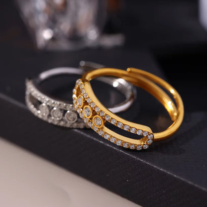 316L Stainless Steel 18K Gold PVD Sliding Zircon Open Ring & Necklace Set - Sliding Zircon, Open Ring, Minimalist, Modern, Light Luxury Wholesale Stainless Steel Jewelry - Sensitive Skin Friendly - Detail 22