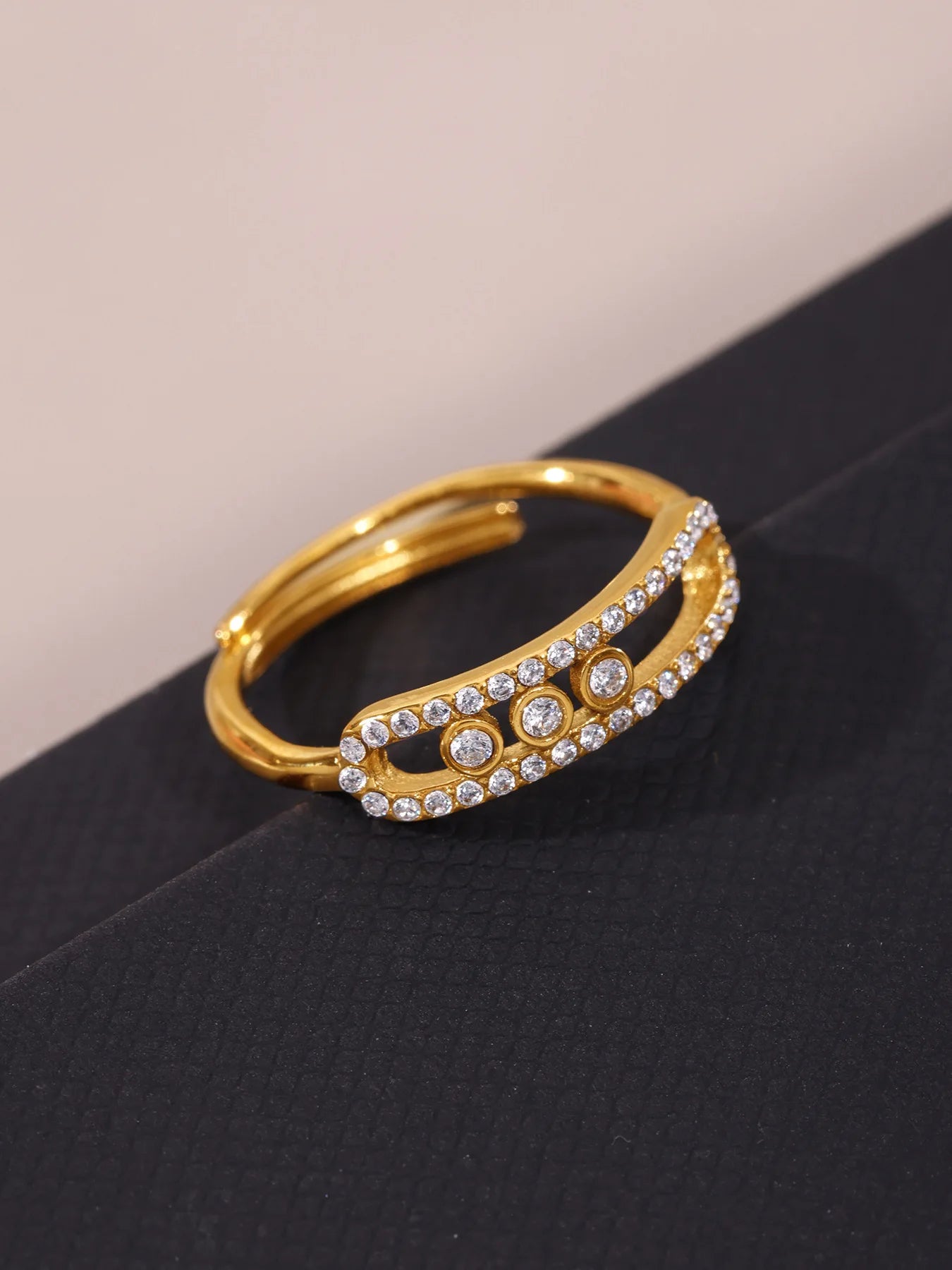 316L Stainless Steel 18K Gold PVD Sliding Zircon Open Ring & Necklace Set - Sliding Zircon, Open Ring, Minimalist, Modern, Light Luxury Wholesale Stainless Steel Jewelry - Sensitive Skin Friendly - Detail 3