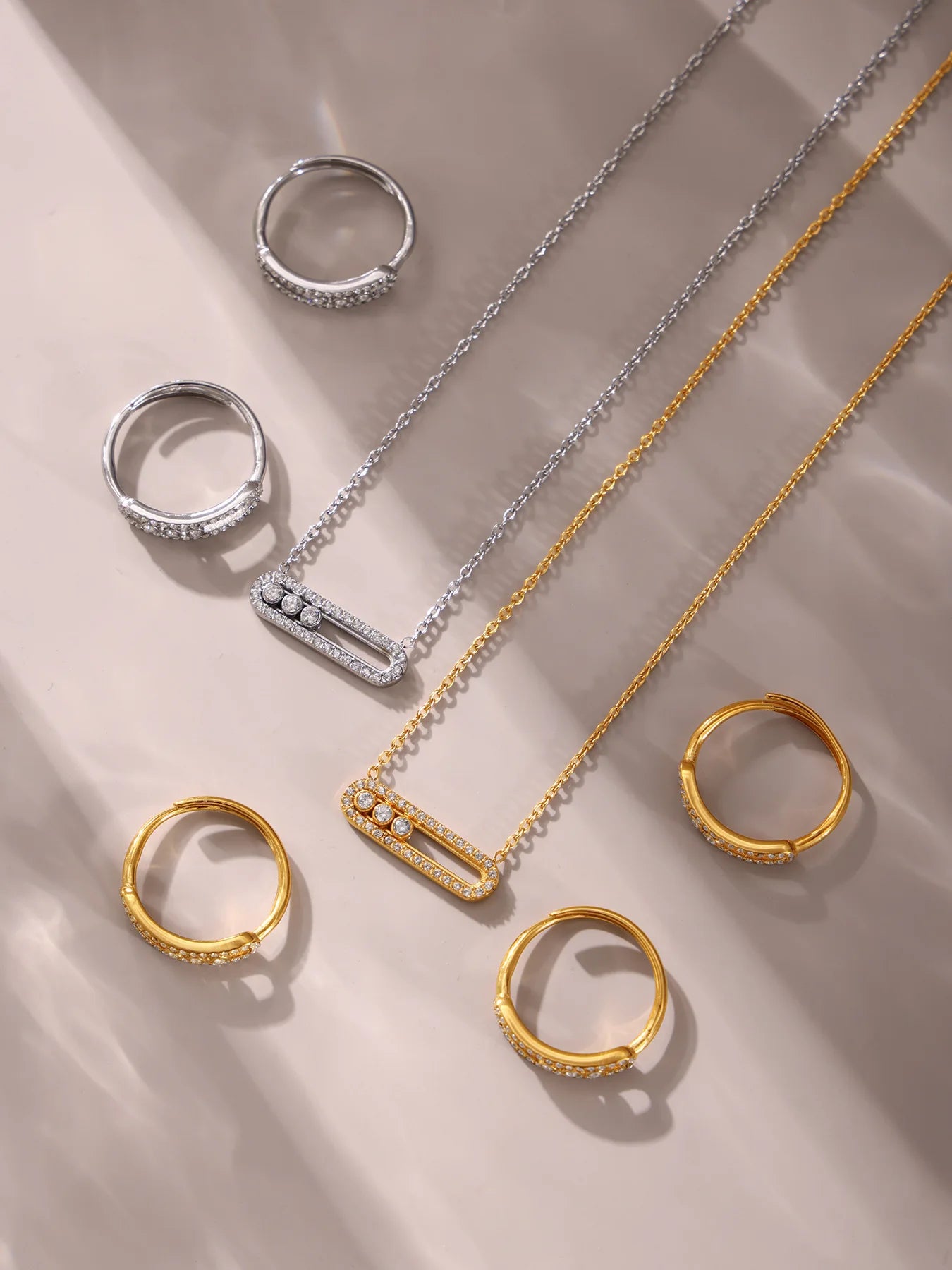 316L Stainless Steel 18K Gold PVD Sliding Zircon Open Ring & Necklace Set - Sliding Zircon, Open Ring, Minimalist, Modern, Light Luxury Wholesale Stainless Steel Jewelry - Sensitive Skin Friendly - Detail 4
