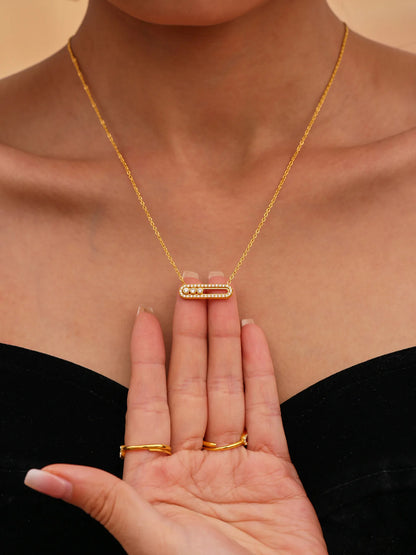316L Stainless Steel 18K Gold PVD Sliding Zircon Open Ring & Necklace Set - Sliding Zircon, Open Ring, Minimalist, Modern, Light Luxury Wholesale Stainless Steel Jewelry - Sensitive Skin Friendly - Detail 5