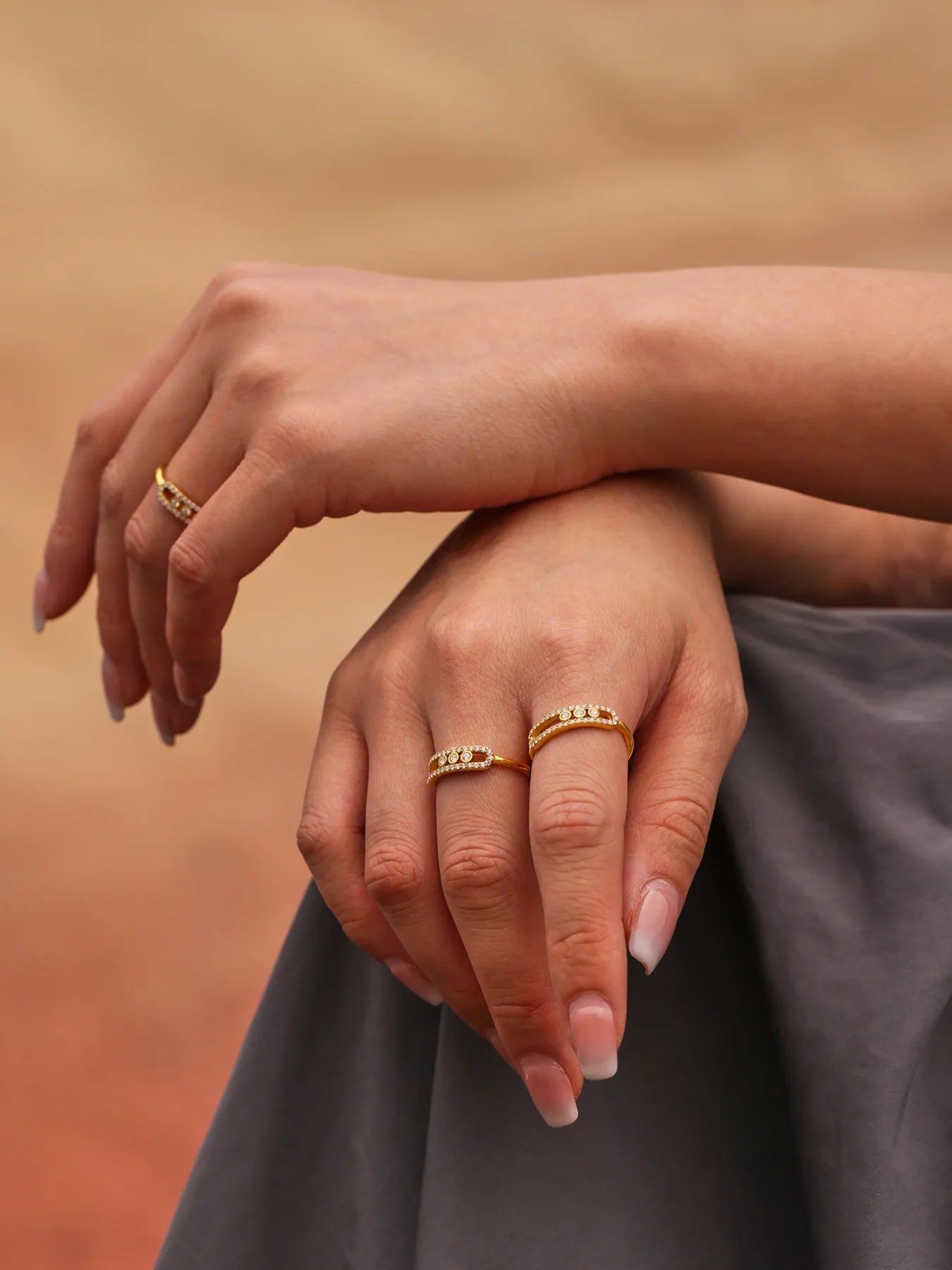 316L Stainless Steel 18K Gold PVD Sliding Zircon Open Ring & Necklace Set - Sliding Zircon, Open Ring, Minimalist, Modern, Light Luxury Wholesale Stainless Steel Jewelry - Sensitive Skin Friendly - Detail 6