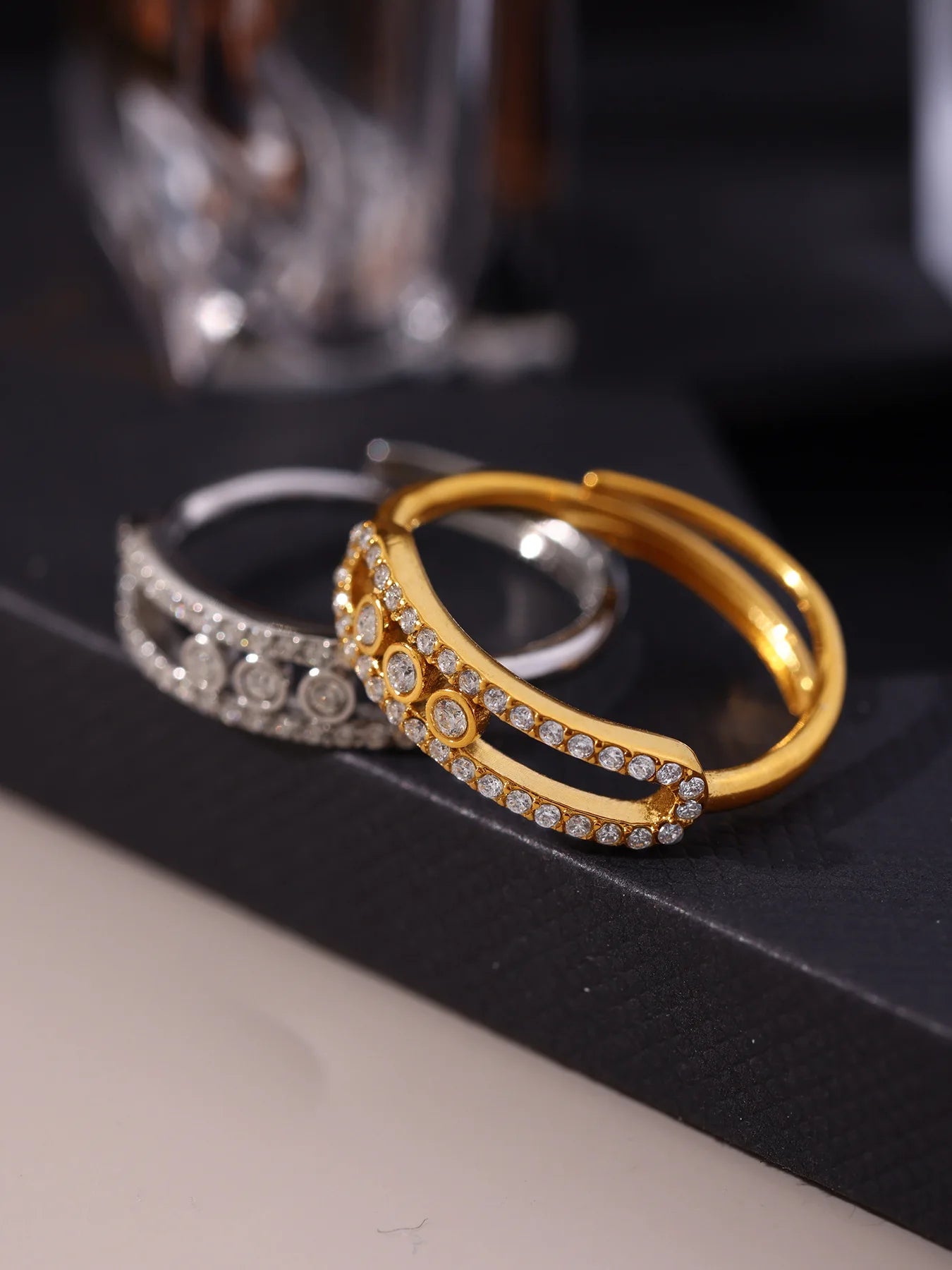 316L Stainless Steel 18K Gold PVD Sliding Zircon Open Ring & Necklace Set - Sliding Zircon, Open Ring, Minimalist, Modern, Light Luxury Wholesale Stainless Steel Jewelry - Sensitive Skin Friendly - Detail 8