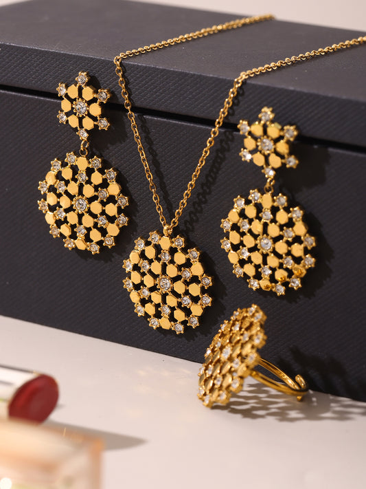 316L Stainless Steel 18K Gold PVD Snowflake Czech Zircon Jewelry Set - Gold Snowflake Zircon Wholesale Stainless Steel Jewelry - Sensitive Skin Friendly - Detail 1