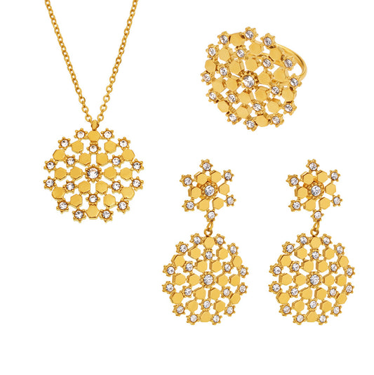 316L Stainless Steel 18K Gold PVD Snowflake Czech Zircon Jewelry Set - Gold Snowflake Zircon Wholesale Stainless Steel Jewelry - Sensitive Skin Friendly - Detail 9