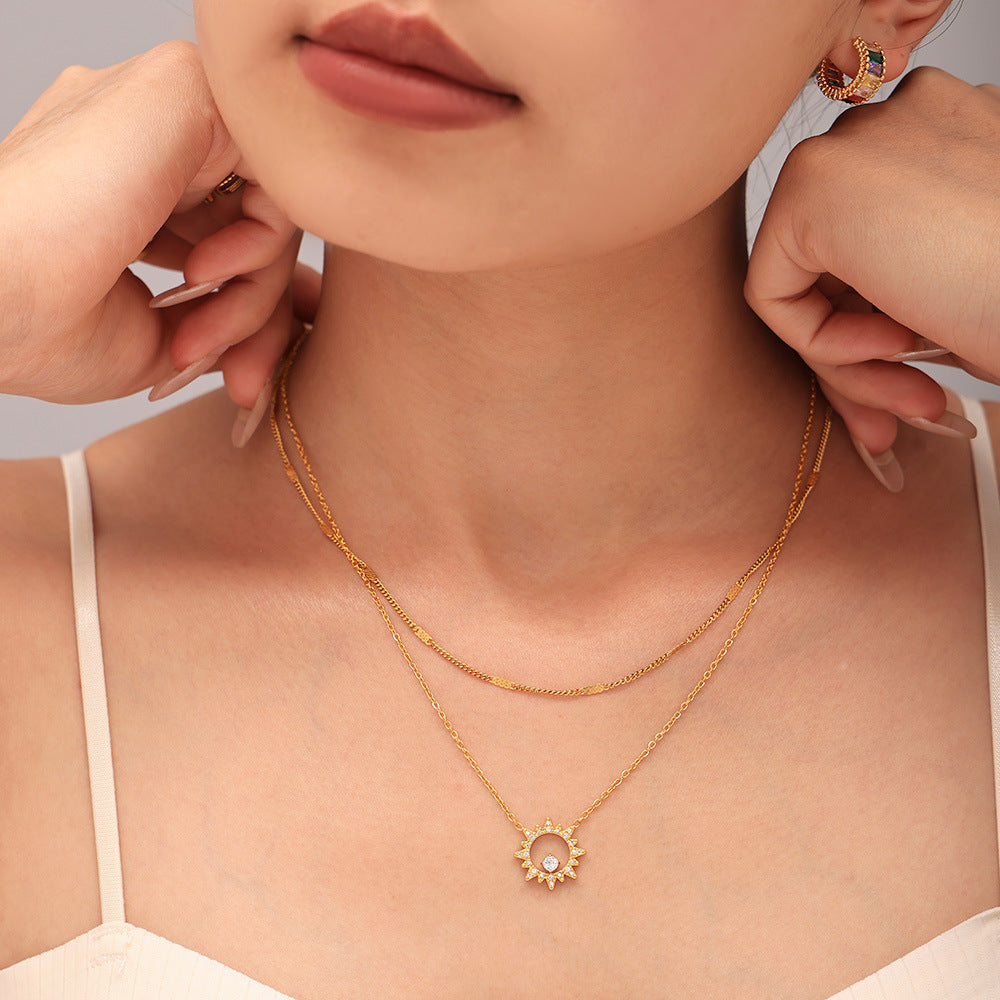 316L Stainless Steel 18K Gold PVD Sparkling Sun Flower Zircon Inlaid Necklace & Bracelet Collection - Sparkling Sun Flower, Zircon Inlaid, Dainty, Minimalist, Elegant Wholesale Stainless Steel Jewelry - Sensitive Skin Friendly - Detail 1