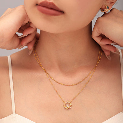 316L Stainless Steel 18K Gold PVD Sparkling Sun Flower Zircon Inlaid Necklace & Bracelet Collection - Sparkling Sun Flower, Zircon Inlaid, Dainty, Minimalist, Elegant Wholesale Stainless Steel Jewelry - Sensitive Skin Friendly - Detail 1