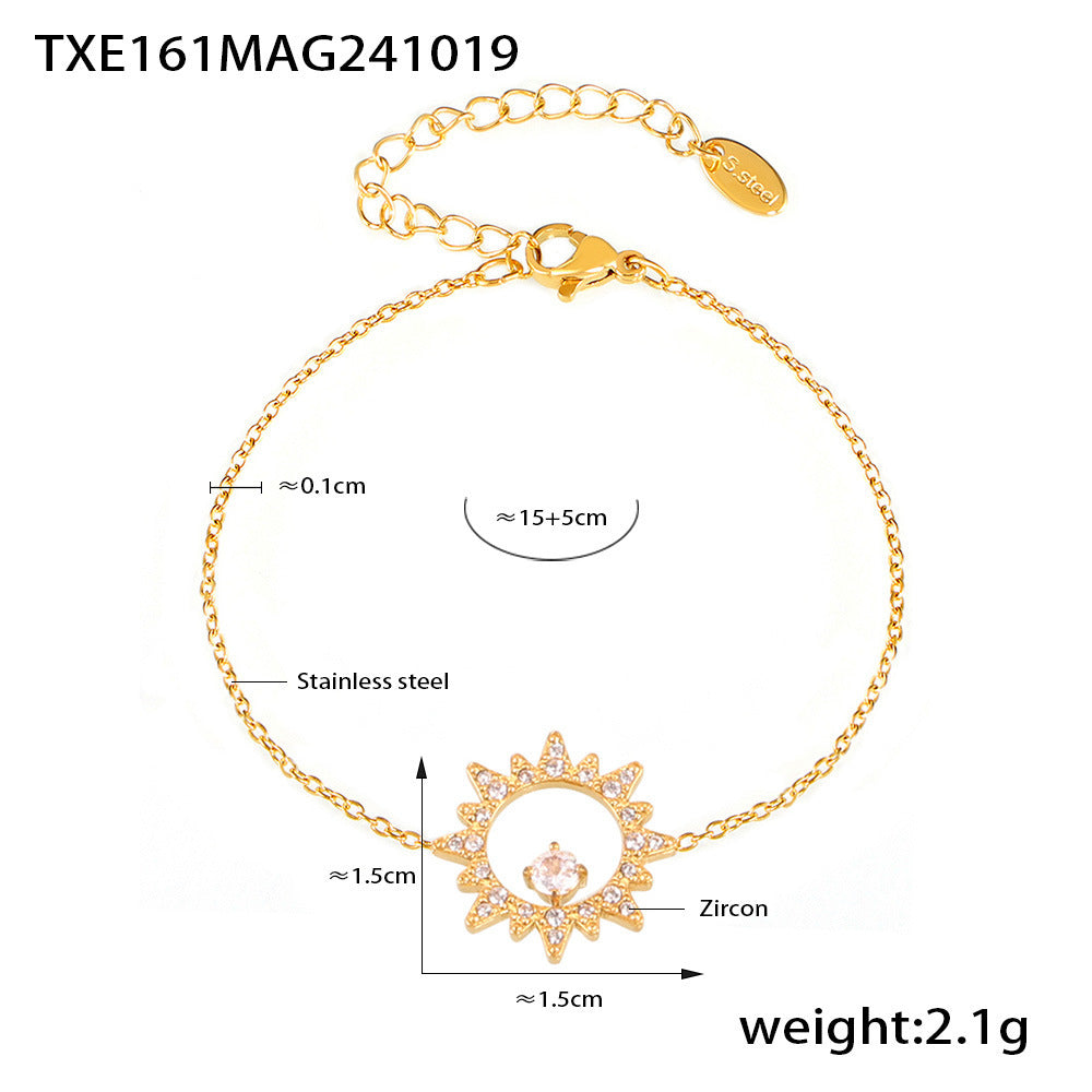 316L Stainless Steel 18K Gold PVD Sparkling Sun Flower Zircon Inlaid Necklace & Bracelet Collection - Sparkling Sun Flower, Zircon Inlaid, Dainty, Minimalist, Elegant Wholesale Stainless Steel Jewelry - Sensitive Skin Friendly - Detail 10