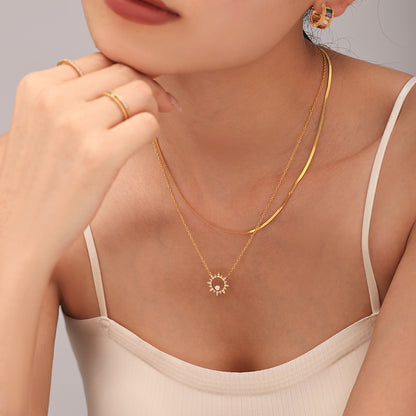 316L Stainless Steel 18K Gold PVD Sparkling Sun Flower Zircon Inlaid Necklace & Bracelet Collection - Sparkling Sun Flower, Zircon Inlaid, Dainty, Minimalist, Elegant Wholesale Stainless Steel Jewelry - Sensitive Skin Friendly - Detail 2