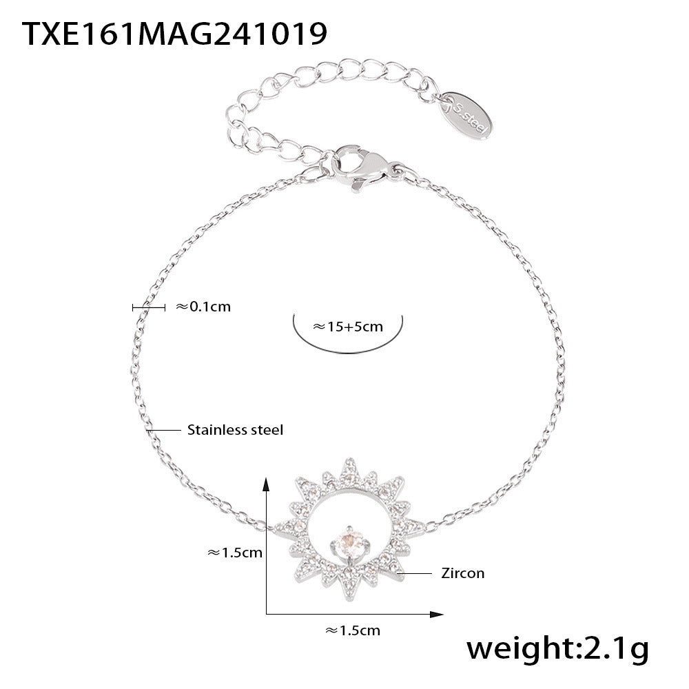 316L Stainless Steel 18K Gold PVD Sparkling Sun Flower Zircon Inlaid Necklace & Bracelet Collection - Sparkling Sun Flower, Zircon Inlaid, Dainty, Minimalist, Elegant Wholesale Stainless Steel Jewelry - Sensitive Skin Friendly - Detail 4