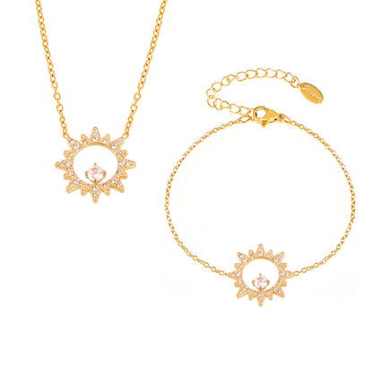 316L Stainless Steel 18K Gold PVD Sparkling Sun Flower Zircon Inlaid Necklace & Bracelet Collection - Sparkling Sun Flower, Zircon Inlaid, Dainty, Minimalist, Elegant Wholesale Stainless Steel Jewelry - Sensitive Skin Friendly - Detail 7