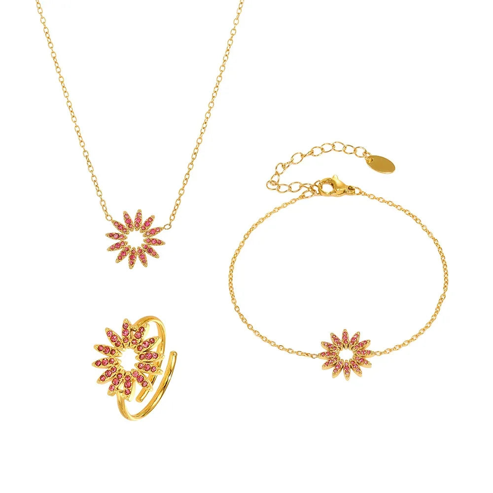 316L Stainless Steel 18K Gold PVD Sparkly Zircon Sunflower Jewelry Collection - Image 5