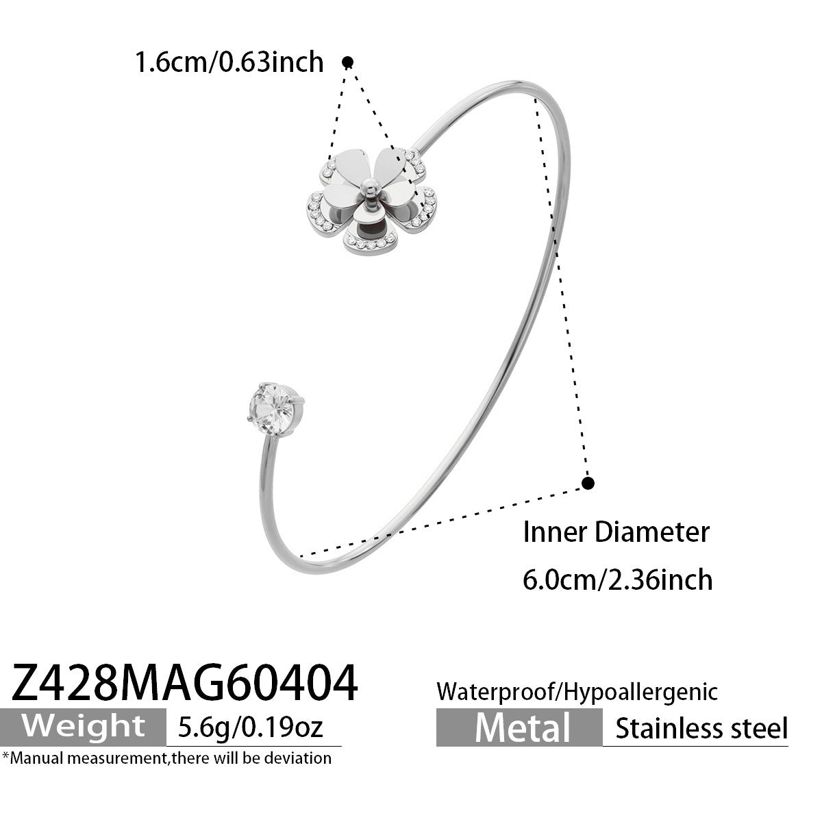 316L Stainless Steel 18K Gold PVD Spinning Flower CZ Open Bangle, Fidget Adjustable Cuff Bracelet, 6.0cm Inner Diameter Tarnish Free Jewelry
