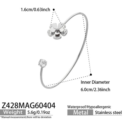 316L Stainless Steel 18K Gold PVD Spinning Flower CZ Open Bangle, Fidget Adjustable Cuff Bracelet, 6.0cm Inner Diameter Tarnish Free Jewelry