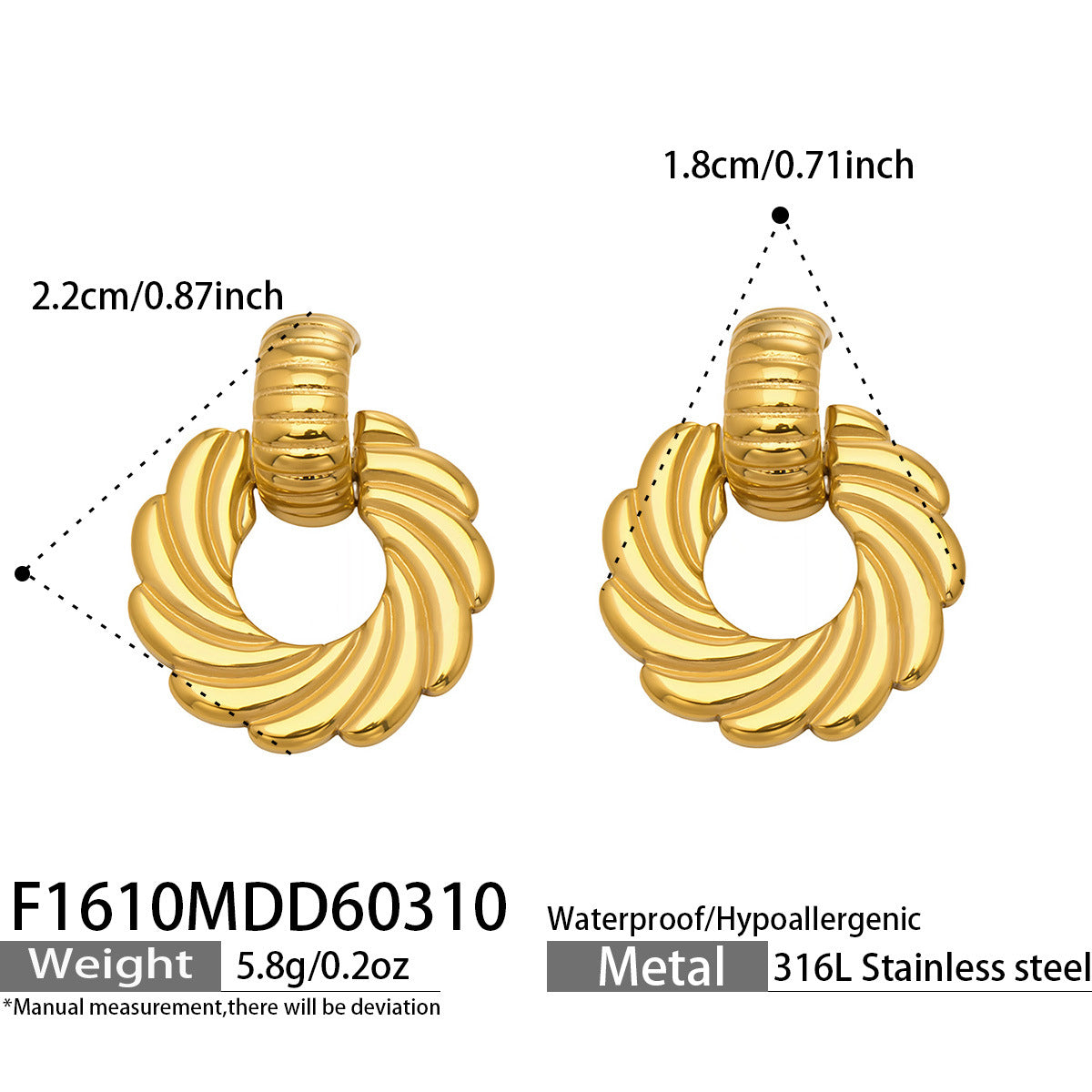 316L Stainless Steel 18K Gold PVD Spiral Twist Earrings - Spiral Twist, Chic, Elegant Wholesale Stainless Steel Jewelry - Sensitive Skin Friendly - Detail 11
