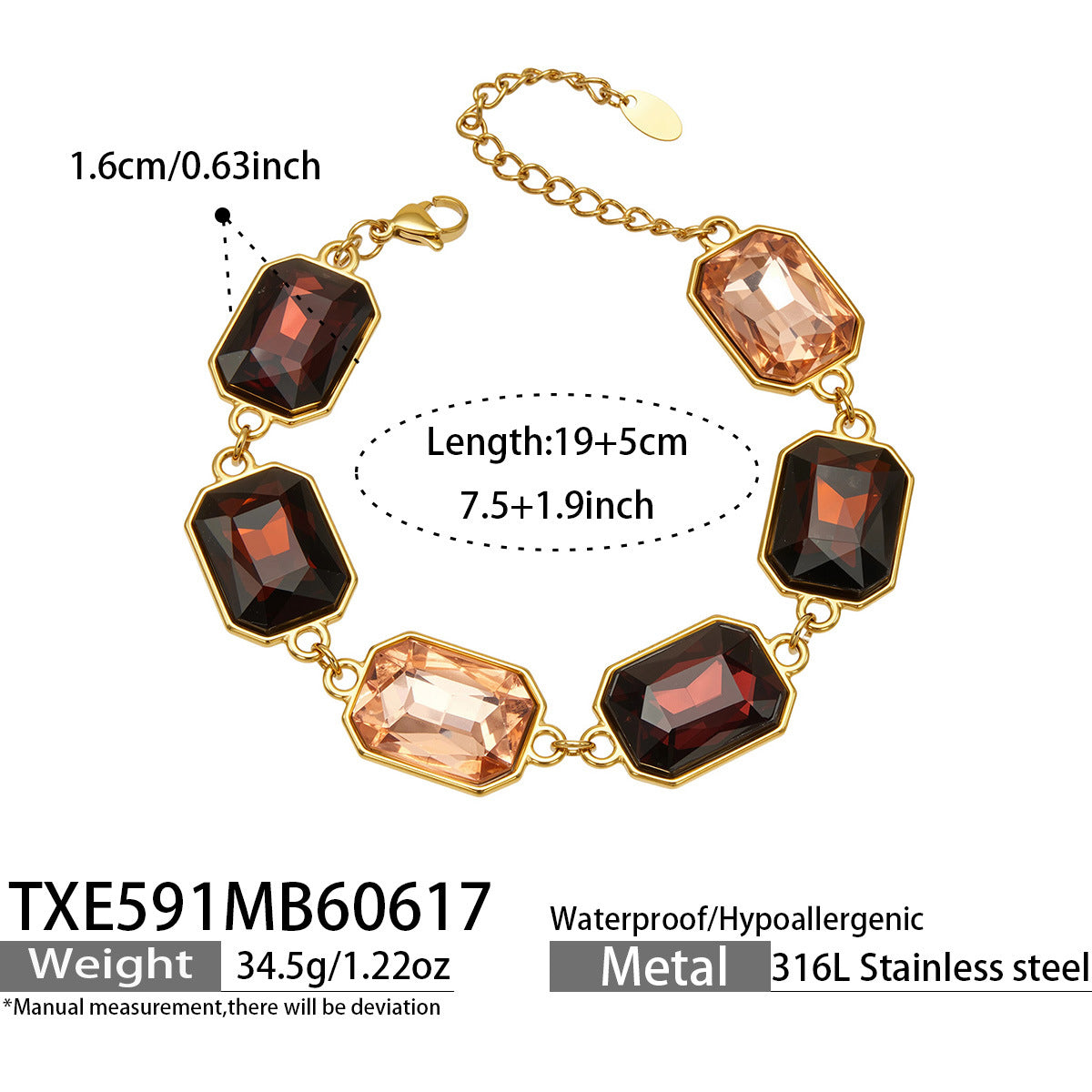 316L Stainless Steel 18K Gold PVD Square Zircon Bracelet - Square Glass Stone, Elegant Bracelet Wholesale Stainless Steel Jewelry - Sensitive Skin Friendly - Detail 22