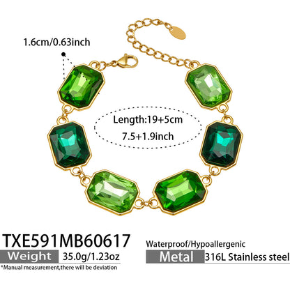 316L Stainless Steel 18K Gold PVD Square Zircon Bracelet - Square Glass Stone, Elegant Bracelet Wholesale Stainless Steel Jewelry - Sensitive Skin Friendly - Detail 24
