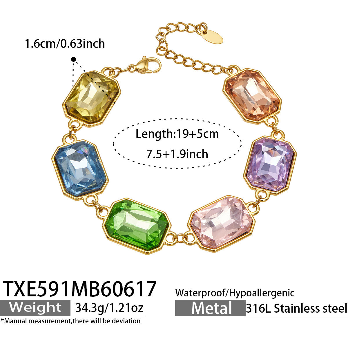 316L Stainless Steel 18K Gold PVD Square Zircon Bracelet - Square Glass Stone, Elegant Bracelet Wholesale Stainless Steel Jewelry - Sensitive Skin Friendly - Detail 25